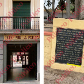 Entrada del Estado Mayor del cuartel El Rey, con el águila franquista del yugo y las flechas, y placa con 'enseñanzas' de Franco sobre disciplina en el Regimiento de Artillería Antiaérea nº73.