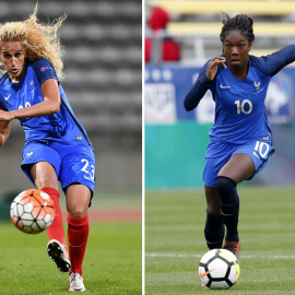 Kheira Hamraoui (izquierda) durante el partido de fútbol de clasificación femenino de la Eurocopa 2017 entre Francia y Albania y Aminata Diallo mientras corre con el balón durante un partido de fútbol de la 'SheBelieves Cup' entre Francia e Inglaterra