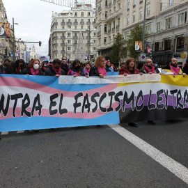 La manifestación a favor de la ley trans, a su paso por la Gran Vía de Madrid.