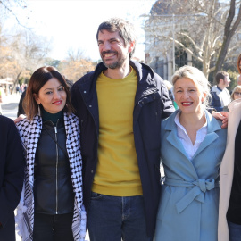 El equipo de ministras y ministros de Sumar (I-D: Pablo Bustinduy, Sira Rego, Ernest Urtasun, Yolanda Díaz y Mónica García) durante la manifestación en apoyo a Palestina del 17 de febrero de 2024 en Madrid.