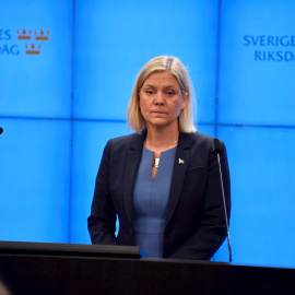 24/11/2021Magdalena Andersson durante una conferencia de prensa después de la votación del presupuesto en el parlamento sueco