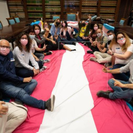 Representantes de la coordinadora de Colectivos LGTBI+ y Trans de Canarias sobre la Ley de igualdad social y no discriminación por razón de identidad de género, expresión de género y características sexuales posan en una sala del Parlamento de Canar