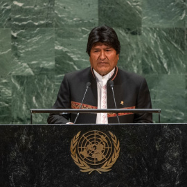 24 de septiembre de 2019- El presidente boliviano, Evo Morales, pronuncia un discurso durante la 74a sesión de la Asamblea General de las Naciones Unidas en la sede de la ONU. Foto: Cia Pak / Asamblea General de la ONU / dpa