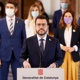 El president de la Generalitat, Pere Aragonès, durante la declaración institucional que ha realizado este martes.