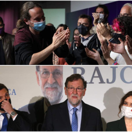 Arriba, Pablo Iglesias, el día que anunció su dimisión. Abajo, el presidente del PP Pablo Casado, la presidenta de la Comunidad de Madrid, Isabel Díaz Ayuso y el expresidente del Gobierno Mariano Rajoy.