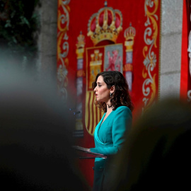 La presidenta de la Comunidad de Madrid, Isabel Diaz Ayuso, interviene en el acto celebrado con motivo del Día de la Constitución, este viernes en la Casa de Correos, en Madrid.