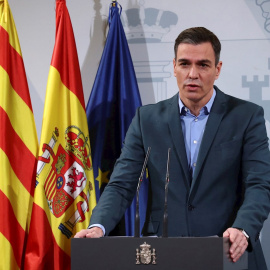 19/12/2021 El presidente del Gobierno, Pedro Sánchez, durante la rueda de prensa posterior a la reunión con Teresa Cunilleraen la Delegación del Gobierno de Catalunya, en Barcelona