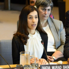 23 de abril de 2019, EE. UU., Nueva York: la activista iraquí de derechos humanos Yazidi Nadia Murad se dirige a una reunión del Consejo de Seguridad de la ONU sobre las mujeres y la paz y la seguridad, con un enfoque en la violencia sexual en los confl