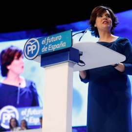 La candidata a la Presidencia del PP, Soraya Sáenz de Santamaría, durante su intervención hoy en el XIX Congreso del partido en el que se elige al nuevo presidente de la formación, en la que ha subrayado, en la presentación de su candidatura, que fue