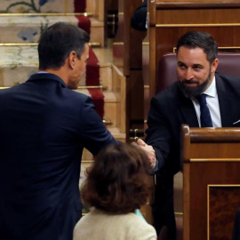 El presidente del Gobierno en funciones, Pedro Sánchez, saluda al líder de Vox, Santiago Abascal. - EFE