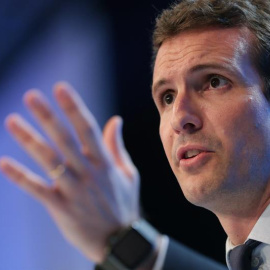 21/07/2018.- El nuevo presidente nacional del PP, Pablo Casado, durante su intervención en el XIX Congreso de la formación tras conocerse el resultado de la votación en la que ha garantizado que el partido "ha vuelto" y ha asegurado que estará "fuerte