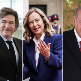 Imagen con fotos de Europa Press de Javier Milei, Giorgia Meloni y Recep Tayyip Erdogan.