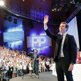 El palentino Pablo Casado, durante su discurso tras ser elegido nuevo presidente del PP en sustitución de Mariano Rajoy/EFE