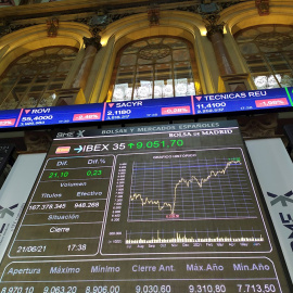 Paneles informativos de la Bolsa Madrid que muestran la evolución del Ibex 35. EFE/ Vega Alonso