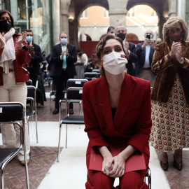 La presidenta de la Comunidad de Madrid, Isabel Díaz Ayuso, en la presentación de la Mochila Digital Universitaria, en la Real Casa de Correos, a 22 de febrero de 2022, en Madrid