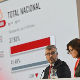 10/11/2019.- El secretario de Estado de Comunicación, Miguel Ángel Oliver y la subsecretaria del Ministerio del Interior, Isabel Goicoechea, durante la rueda de prensa que han ofrecido este domingo para hacer balance de la participación en las eleccion