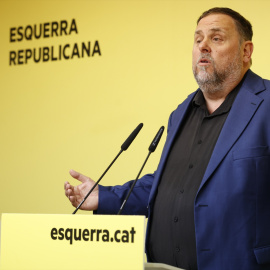 El presidente de ERC, Oriol Junqueras, durante una rueda de prensa en la sede de ERC, en Barcelona
