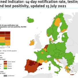Mapa de l'ECDC sobre el risc per coronavirus a Europa, del 15 de juliol del 2021