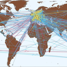 Esquema de la red mundial de los residuos más comunes entre 2003 y 2009: en azul, industriales, clínicos y farmacéuticos; en rojo, químicos; en amarillo, domésticos.