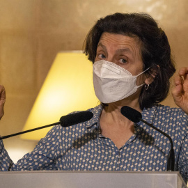 La consellera de Asuntos Sociales y Deportes, Fina Santiago, hace declaraciones después de la reunión de la delegación de la comisión de Peticiones del Parlamento Europeo este 11 de abril de 2022.