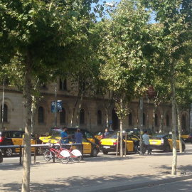 Taxistes en marxa lenta pels carrils centrals de la Gran Via de Barcelona, a l'alçada de Plaça Universitat. Alguns d'ells, fora dels seus vehicles. / Laia Cugota