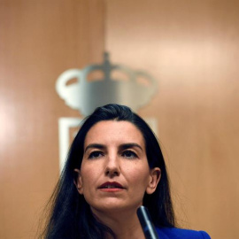 08/07/2019.- La candidata de Vox a la Presidencia de la Comunidad de Madrid, Rocío Monasterio, durante la rueda de prensa que ofrece esta tarde en la Asamblea. Monasterio, ha condicionado su apoyo a la investidura de Isabel Díaz Ayuso (PP) como presiden