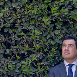 El presidente de la Junta de Andalucía, Juanma Moreno, en la rueda de prensa posterior al Consejo de Gobierno en el Museo Picasso de Málaga a 19 de abril del 2022 en Málaga.