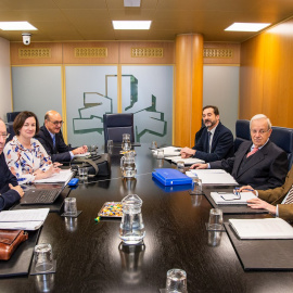 Los integrantes de la comisión de expertos sobre autogobierno en la reunión mantenida este lunes en el Parlamento Vasco. EFE/JON RODRIGUEZ BILBAO