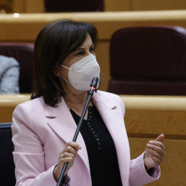 26/04/2022.- La ministra de Defensa, Margarita Robles, durante su intervención en la sesión de control del Senado, este martes en Madrid. EFE/ Zipi