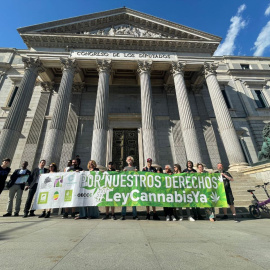 Concentración delante del Congreso de activistas del Observatorio Europeo del Consumo y Cultivo de Cannabis, durante las comparecencias en la subcomisión este 9 de mayo de 2022.