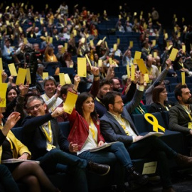 La portavoz y Secretaria General adjunta de ERC, Marta Vilalta, el vicepresidente de la Generalitat, Pere Aragonès, el presidente del Parlament, Roger Torrent y la consellera de Justicia, Ester Capella, en el 28 Congreso Nacional de ERC a 21 de diciembre