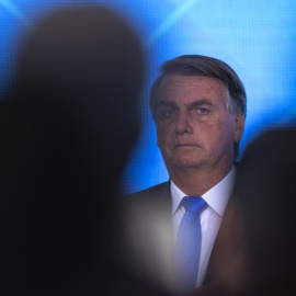 El presidente de Brasil, Jair Bolsonaro, participa este martes, en el lanzamiento del Canal Educação y el Canal Libras, en el Palacio do Planalto de Brasilia (Brasil)