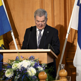 17/05/2022 - El Presidente de Finlandia, Sauli Niinisto, hace una declaración en Estocolmo, Suecia, este martes tras la firma de la solicitud de ingreso en la OTAN de ambos países.