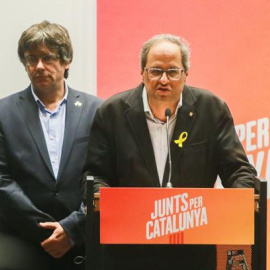 Carles Puigdemont i Quim Torra, aquest dimecres 5 de setembre a Brussel·les. EFE / Stéphanie Lecocq.