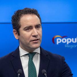 MURCIA, 02/01/2020.- El secretario general del Partido Popular Teodoro García Egea, durante la rueda de prensa que ha ofrecido hoy Jueves 2 de Enero en la sede del partido en Murcia.- EFE/Marcial Guillén