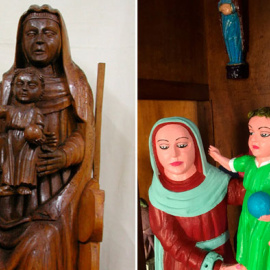 Una figura de la Virgen con el Niño y Santa Ana, antes y después de la polémica restauración.