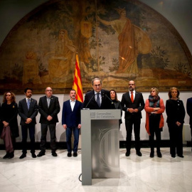 Declaració institucional del president de la Generalitat de Catalunya, Quim Torra, acompanyat de tot el seu Govern. EFE / Quique García