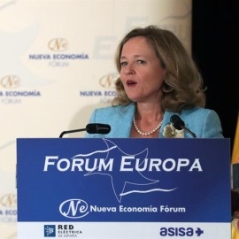 La ministra de Economía, Nadia Calviño, durante su intervención en el Fórum Nueva Economía. (ZIPI | EFE)