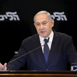 El primer ministro en funciones de Israel, Benjamín Netanyahu, en la comparecencia de este miércoles. EFE/EPA/Abir Sultan