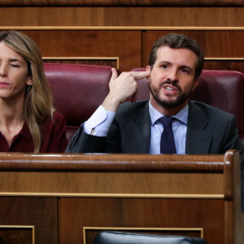 El presidente del PP, Pablo Casado, le hace un gesto a la bancada socialista, durante la intervención de la portavoz de EH Bildu en el Congreso de los Diputados, Mertxe Aizpurua. EUROPA PRESS/ Jesús Hellín
