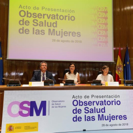 GRAF1343 MADRID, 28/08//2018.- La ministra de Sanidad, Carmen Montón, contesta a las preguntas de los periodistas tras la reunión celebrada hoy en la sede del Ministerio donde anunció la creación del Observatorio de Salud de las Mujeres a sociedades c