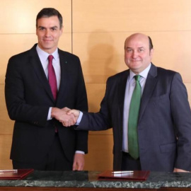 Pedro Sánchez y Andoni Ortúzar, durante la firma en el Congreso | Foto: PSOE