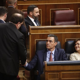 Oriol Junqueras saludando a Pedro Sánchez en el Congreso, con Santiago Abascal y Espinosa de los Monteros al fondo. / EP