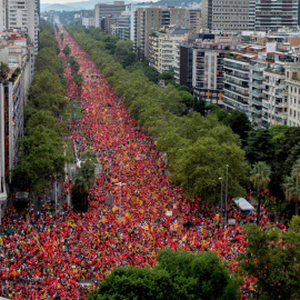 Vista aèria de la Diagonal de Barcelona, poc abans de començar la manifestació independentista d'aquest diumenge. / EFE.