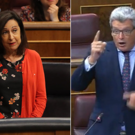 A la izquierda, la ministra de Defensa, Margarita Robles, y a la derecha el diputado del PP, Ricardo Tarno. / CONGRESO