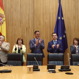 El presidente del Gobierno, Pedro Sánchez, en el Congreso de los Diputados este miércoles con motivo de un encuentro con sus diputados y senadores.