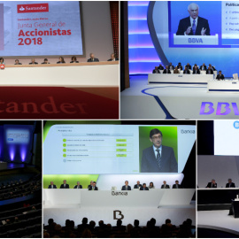 Vista de los consejos de administración de los grandes bancos (de izq. a der. y de arriba a abajo: Banco Santander, BBVA, Caixabank, Bankia y Banco Sabadell) en sus respectivas juntas de accionistas. REUTERS/EFE