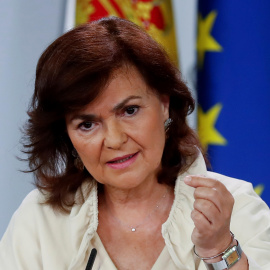 La vicepresidenta del Gobierno, Carmen Calvo, durante la rueda de prensa posterior a la reunión del Consejo de Ministros. EFE/Chema Moya