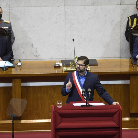 02/06/2022 - Fotografía cedida por Presidencia de Chile que muestra al presidente de Chile, Gabriel Boric, mientras habla durante su primera cuenta pública ante la nación en el Congreso Nacional en Valparaiso (Chile).