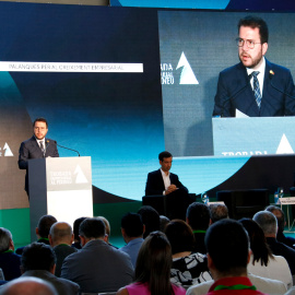 El president de la Generalitat, Pere Aragonès, durant la ponència inaugural a la Trobada empresarial al Pirineu, a la Seu d'Urgell.